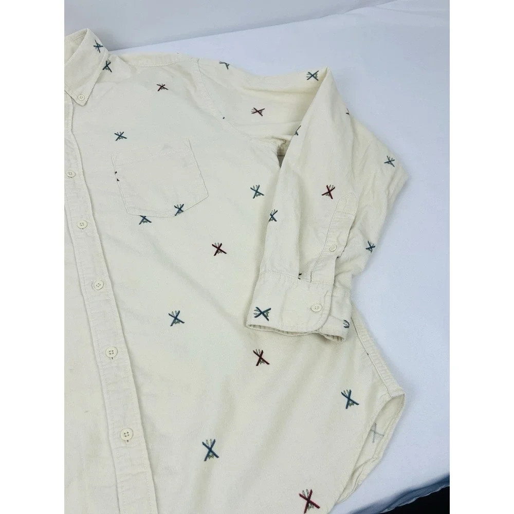 J. Crew Corduroy Shirt Mens Large Ivory Embroidered Ski Print Long Sleeve